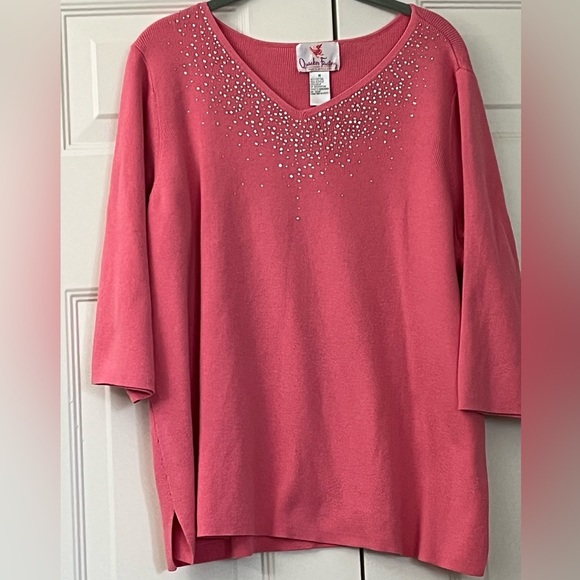 Quacker Factory Ribbed Sweater V- Neck Rhinestones - Picture 1 of 6
